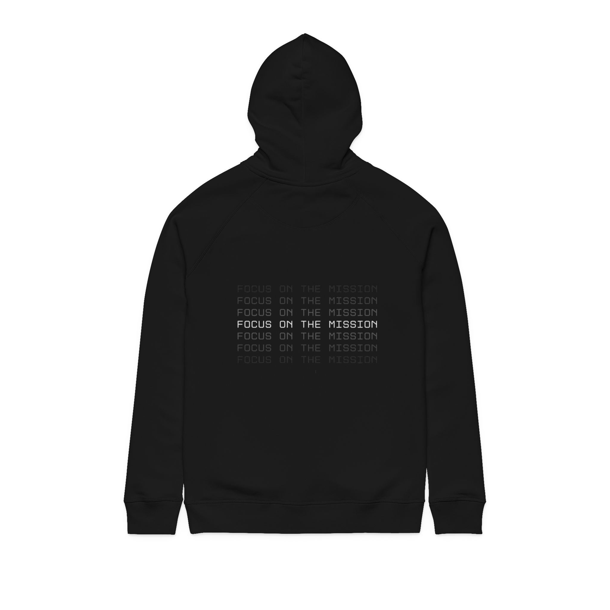 Focus on the Mission Hoodie — Minimal Back Text Black Hoodie
