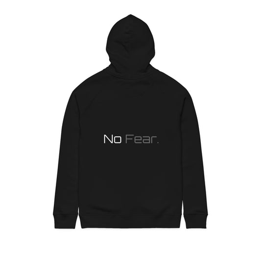 No Fear Hoodie — Minimalist Black Pullover with Back 'No Fear.' Text