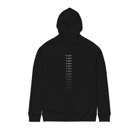 Minimalist Sounder Hoodie — Repeating “& again” Back Print