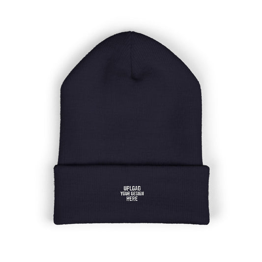 Embroidered Classic Cuffed Beanie — Minimal White Knit Winter Hat